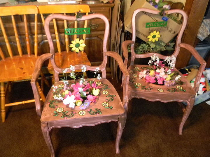 chair planters, flowers, gardening, painted furniture, repurposing upcycling, these I painted added a bit of flowers and stuff from the dollare store would look great on a porch or a garden