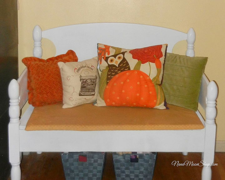twin bed turned bench, painted furniture, Finished bench dressed for Fall