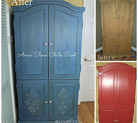 stenciled blue armoire w 3 color technique annie sloan chalk paint, chalk paint, painted furniture, Before first paint job RED and after with ASCP