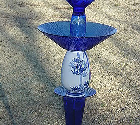 repurposed glass, Another view of cobalt blue yard totem Glass redefined and assembled by Nita Hooper I may plant some succulents in the blue bowl