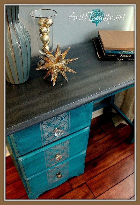 peacock blue silver vintage glamour desk makeover myfavoritethings, painted furniture, you can see I custom painted the top using cece Caldwells slate and some other colors to give it a faux wood look