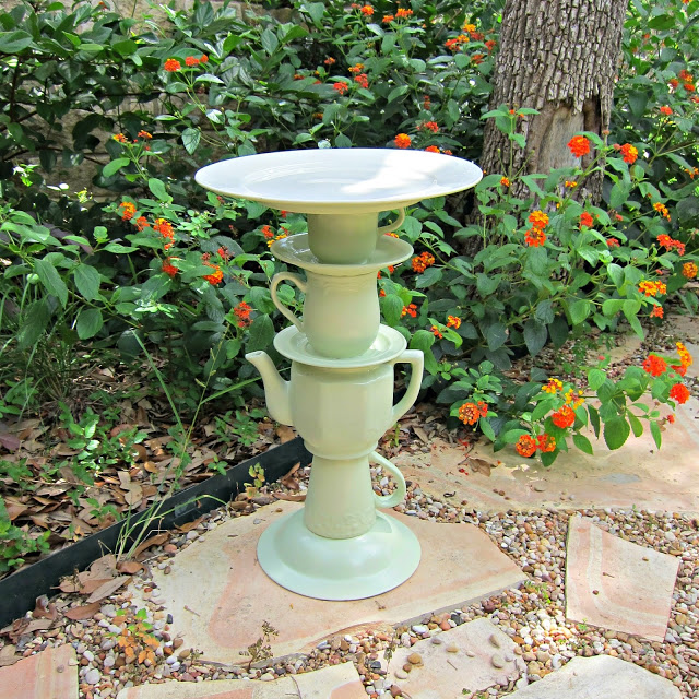 tea pot bird bath, crafts, outdoor living, repurposing upcycling, It could hold bird seed as well or would even make a cute plant stand
