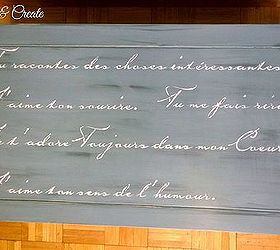 blue white coffee table with romantic french script, painted furniture
