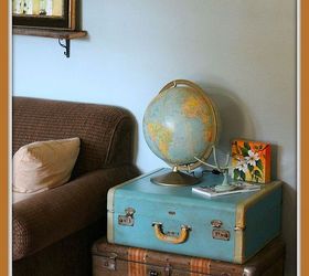 living room makeover reveal, home decor, living room ideas, Vintage suitcases that I picked up for 5 each with my 10 vintage lighted globe on top vintagedecor