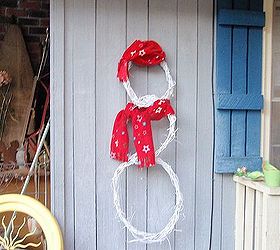 re purposing dishes and odds and ends, repurposing upcycling, Snowman grapevine wreath that is dressed for cold weather