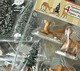 diy holiday waterless diorama style snow globes, crafts, seasonal holiday decor, Purchase some inexpensive figures and mini trees found at most craft stores and even the dollar store