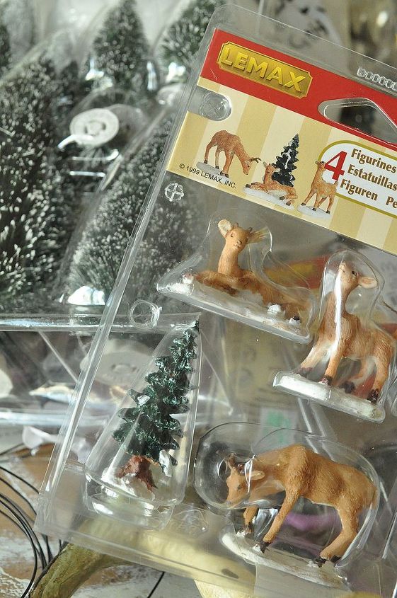diy holiday waterless diorama style snow globes, crafts, seasonal holiday decor, Purchase some inexpensive figures and mini trees found at most craft stores and even the dollar store