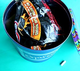 upcycled popcorn tin into charcoal bin, chalkboard paint, crafts, repurposing upcycling, Stuff it with charcoal