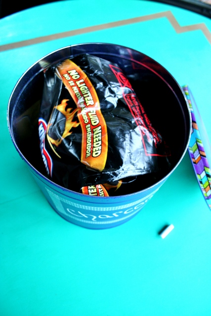 upcycled popcorn tin into charcoal bin, chalkboard paint, crafts, repurposing upcycling, Stuff it with charcoal