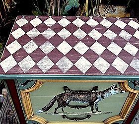 a whimsical foxy woodland side table, painted furniture, Distressed Harlequin Top