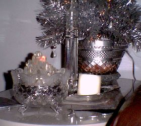 another great find, painted furniture, seasonal holiday decor, The tree base is silver and plastic I drilled small holes in it to let out the heat from the bulb and let the light shine through the lead crystal chip bowl it sets in I put rasberry sea salts in the bottom Aroma therapy