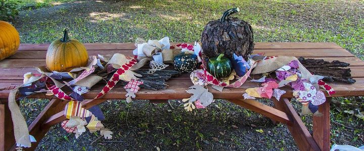 swagging out a little corner for fall, outdoor living, seasonal holiday decor, I duded up the larger pumpkin with some bark I found laying around