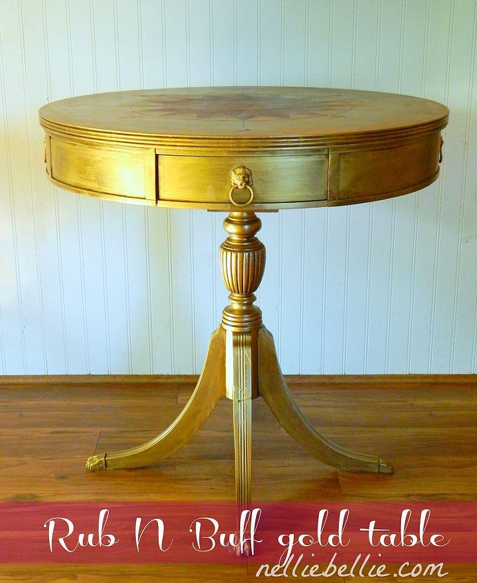 rub n buff table with diy compass rose, painted furniture, This little table was covered in Rub N Buff from top to toe to create this gilded effect