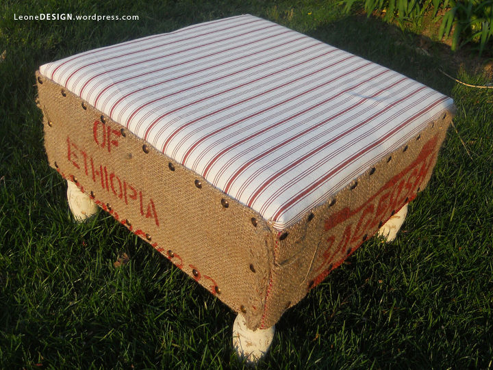 coffee sack ottoman, painted furniture, reupholster, window treatments, Used old coffee sacks for the sides and IKEA curtain fabric for the top