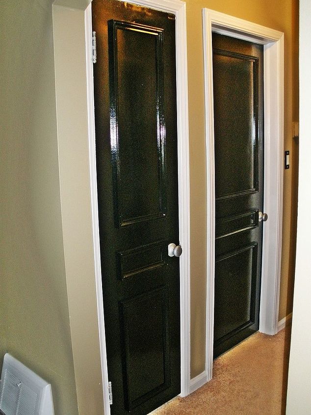 interior door transformation, doors, Finished doors with new trim painted black with painted hardware
