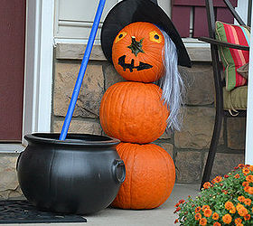 sandy the pumpkin witch and out fall porch, halloween decorations, home decor, seasonal holiday decor, Pumpkin Witch