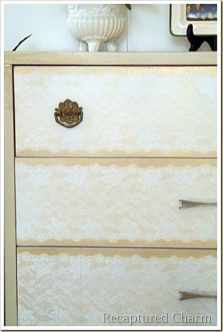 lace dresser, painted furniture, Lace was laid across the drawers and lightly sprayed with white