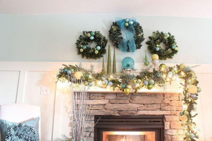 our christmas mantle 2012, christmas decorations, fireplaces mantels, living room ideas, seasonal holiday decor, wreaths, A trio of wreaths above the mantle