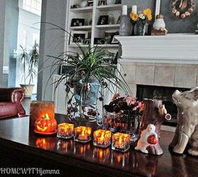 fall vignette with acorns leaves a pumpkin and a pig, seasonal holiday decor