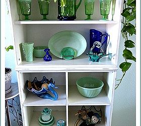 a child s bookcase turned into display cabinet for vintage glass, dining room ideas, home decor, painted furniture, repurposing upcycling, shabby chic, My small collection of jadeite cherry and cable glass and glass swan dishes