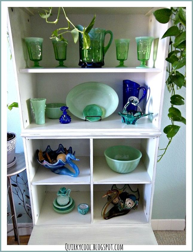 a child s bookcase turned into display cabinet for vintage glass, dining room ideas, home decor, painted furniture, repurposing upcycling, shabby chic, My small collection of jadeite cherry and cable glass and glass swan dishes