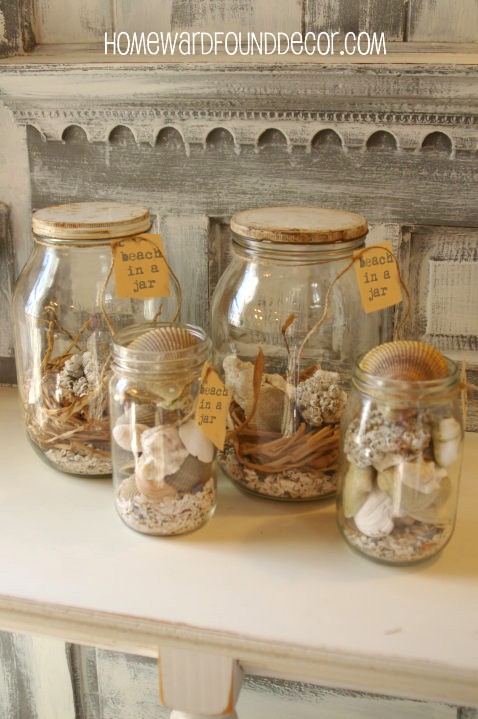 5 easy seashell display ideas, home decor, vintage pickle jars filled with collected shells sea grass and sand as a beach in a jar