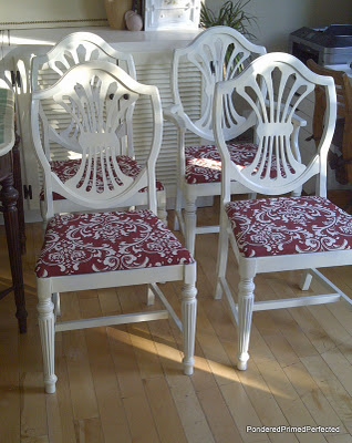 dining table and chairs found curb side, painted furniture, The chairs were spray painted a creamy white and the seats were recovered in some bargain graphic red and white fabric