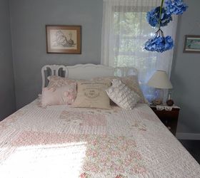 my vintage beach inspired and very thrifted guestroom is done, bedroom ideas, home decor, The pillow in the center I made from canvas drop cloth and added a Graphics Fairy graphic using the chartpack blender pen transfer