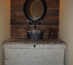 rustic half bath, bathroom ideas, doors, home decor, Carpenters chest bucket sink cedar wall