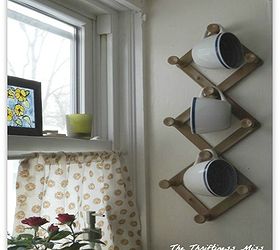 repurposed coat rack to coffee cup holder, repurposing upcycling, Coffee cups organized