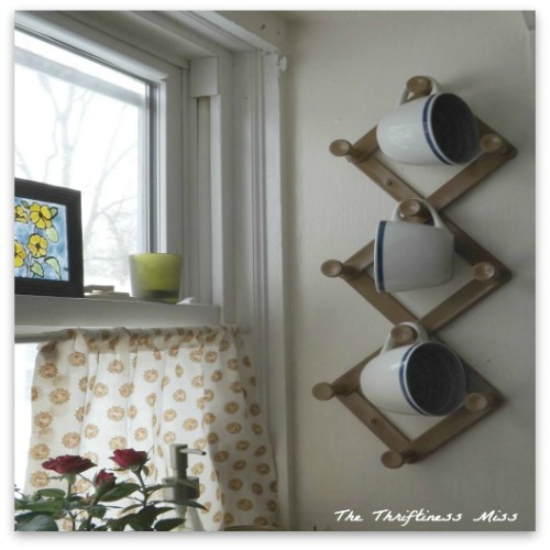 repurposed coat rack to coffee cup holder, repurposing upcycling, Coffee cups organized