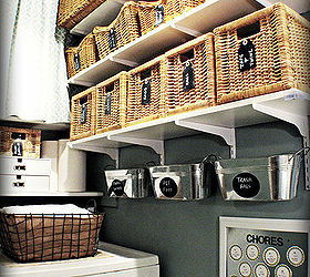 laundry room reveal, cleaning tips, doors, laundry rooms, organizing, Baskets and galvanized bins with chalkboard labels