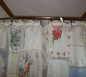 shower curtains from 4 generations repurposed remade and redefined, crafts, repurposing upcycling, reupholster, window treatments, ribbon scraps about 12 inches long that are tied to the hooks for the plastic curtain liner