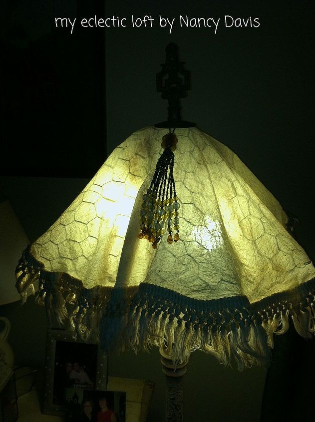 chicken wire frame lamp shade, crafts, repurposing upcycling, The ambiance is so cozy warm and inviting Once you place your chicken wire shade on you will need to adjust it with your fist to make it rounder