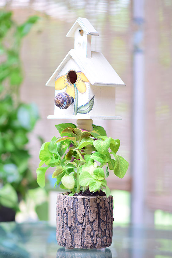tree trunk birdhouse planter, crafts, gardening