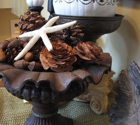white painted pumpkins for fall, crafts, seasonal holiday decor, With natural elements of pinecones and a starfish for fun