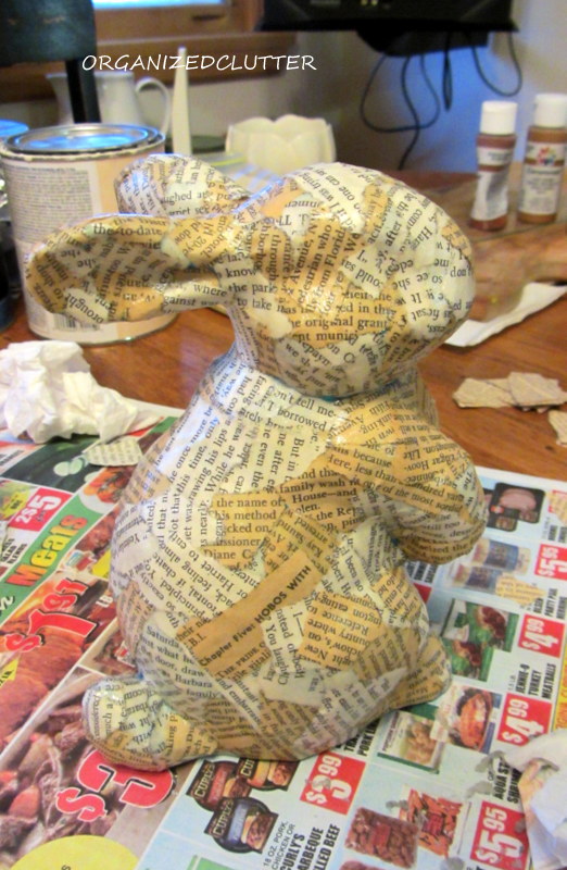 a book page easter bunny, crafts, decoupage, I brushed on Mod Podge with a foam brush starting in a section at the bottom and working my way up Honestly though a lot of it was done with my fingers