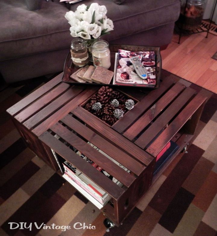 vintage wine crate coffee table, painted furniture, repurposing upcycling, For winter change the corks out for pine cones