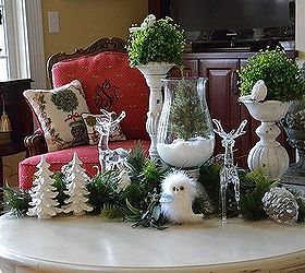 woodland winter vignette, seasonal holiday decor, Faux evergreens using a color palette of white and green