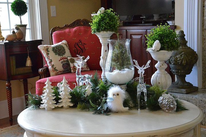 woodland winter vignette, seasonal holiday decor, Faux evergreens using a color palette of white and green