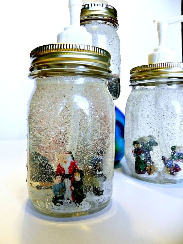 dollar store mason jar snow globe soap dispensers, crafts, mason jars, seasonal holiday decor, Santa approved