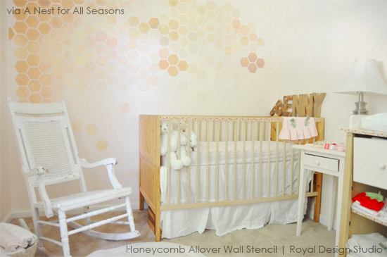 stencil pattern and surface ideas for nurseries, bedroom ideas, home decor, painted furniture, Amy Renea of A Nest for All Seasons used our Honeycomb Allover Wall Stencil in a beautiful ombre style and faded the pattern away to pinks and golds