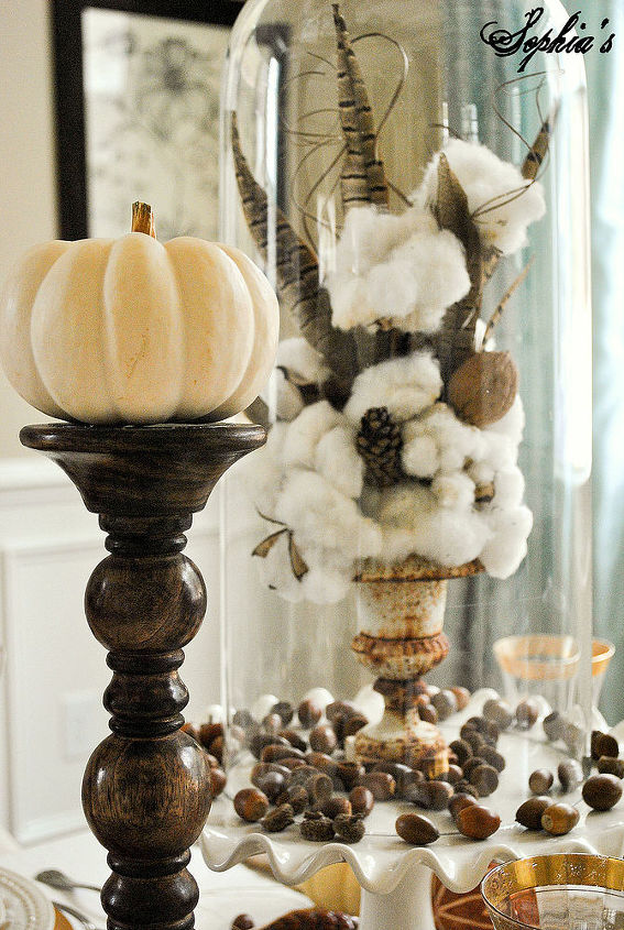rustic glam thanksgiving table setting, christmas decorations, seasonal holiday d cor, thanksgiving decorations, Everything looks better under glass cotton bouquets elevated on cake plates and placed under glass domes