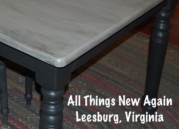 a new look and a new home for a cute farm table, painted furniture, Here s a close up of the tabletop painted in several shades of gray from American Paint Company See more photos and read about the transformation on our blog