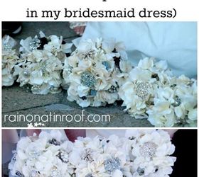 brooch and hydrangea bouquets, crafts, And there is also a funny story about me pushing a truck in my bridesmaid dress the day of the wedding