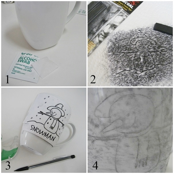 personalize your mugs with a sharpie and it s permanent, crafts, seasonal holiday decor, 1 Clean the mugs with an alcohol swab 2 Choose a graphic and cover the back with artist s charcoal 3 Tape to the mug and trace 4 Remove the paper