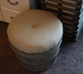 a diy sewing room, cleaning tips, craft rooms, organizing, shelving ideas, storage ideas, I made a padded top for this bushel basket by covering an old clock with foam and quilt batting The center already had a hole so adding the little button to tuft the center was easy It doubles as a seat and yarn storage