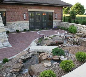 water features installed at living well cancer center, decks, doors, gardening, landscape, outdoor living, ponds water features, A stone bridge invites visitors and patients to interact with the waterfall