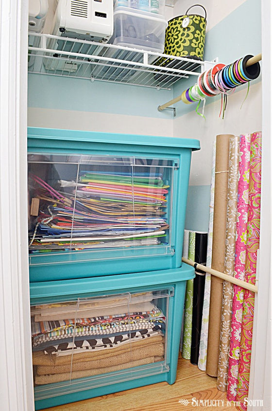 getting my craft closet organized part one small home big ideas, closet, craft rooms, organizing, My biggest frustration with the closet was that I had to store half of my gift wrapping supplies and fabric in another room Now I can store it all in one place