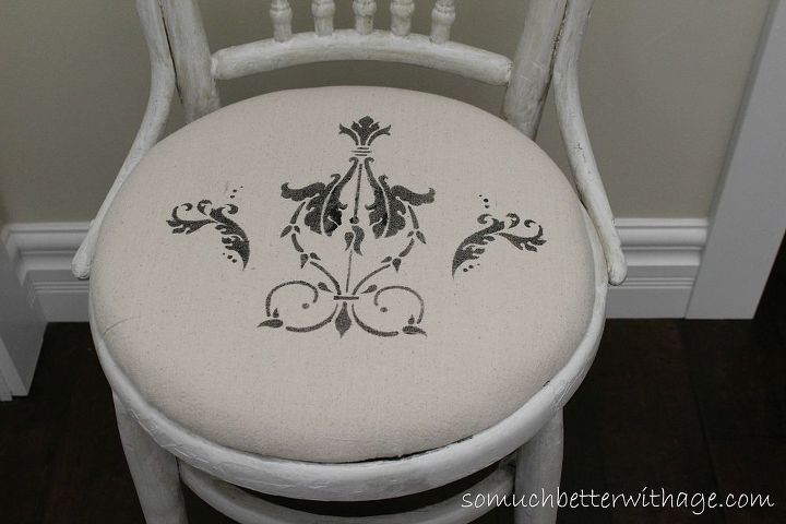 litte dropcloth chair, painted furniture, Use a little black acrylic craft paint over a stencil on the dropcloth and it s done